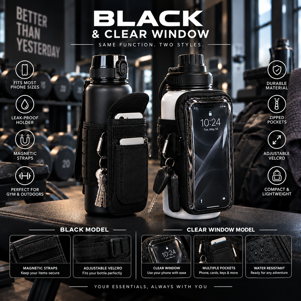 Magnetic Gym Bottle Bag | 40oz Holder + Phone Pocket