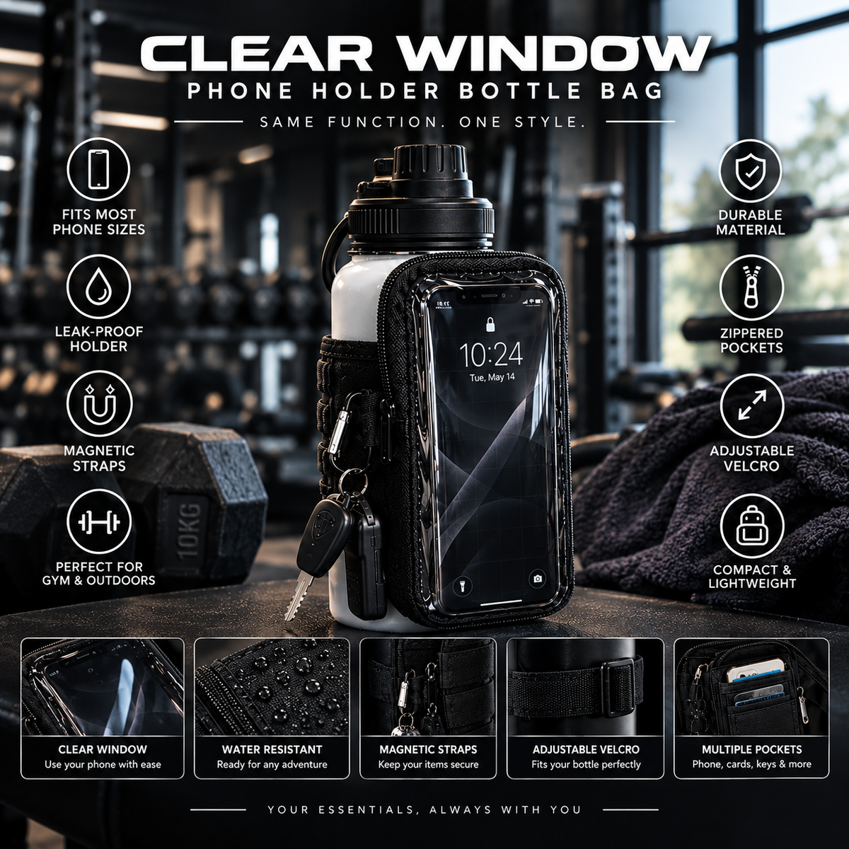 Magnetic Gym Bottle Bag | 40oz Holder + Phone Pocket